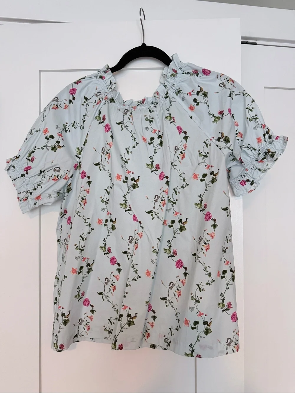 Hill House x Stephanie Fishwick Pale Blue Floral Ruffle-Sleeve Blouse